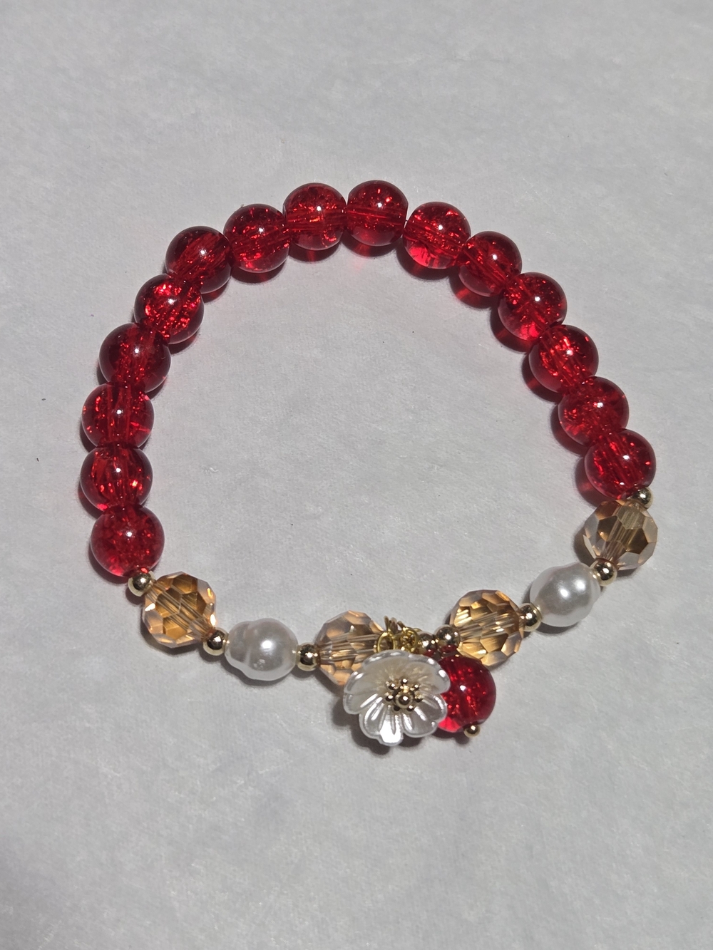 8mm- Red Crystal & Pearl Floral Charm Stretch Bracelet